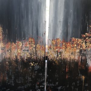 ציור אבסטרקט מודרני בשמן ועלי זהב על קנבס עם אופק אדום וזהב