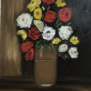 ציור שמן על קנבס של זר פרחים באגרטל חום, פרחים אדומים לבנים וצהובים