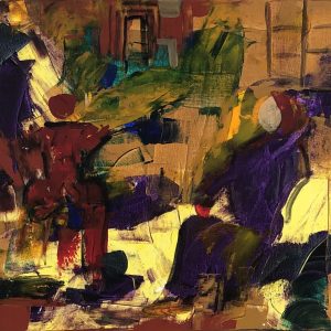 ציור אבסטרקט מודרני באקריליק על קנבס עם גווני זהב, סגול ואדום מבית Tova Gallery