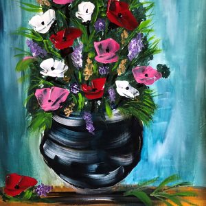 ציור שמן של זר פרחים צבעוני באגרטל כהה על רקע תכלת, גודל 40X30