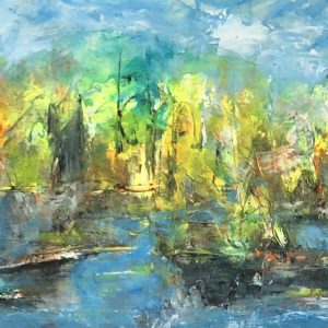 ציור אבסטרקט אקריליק על קנבס עם נוף מופשט בגווני כחול, ירוק וצהוב