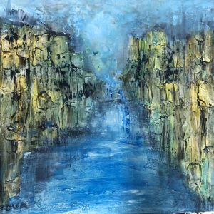ציור אבסטרקט אקריליק על קנבס של נהר כחול זורם בין מצוקים גבוהים