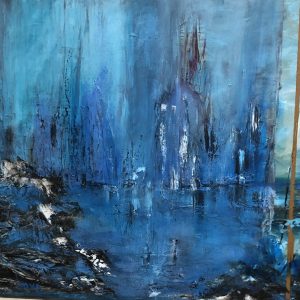 ציור אבסטרקט אקריליק על קנבס בגווני כחול, שחור ולבן עם טקסטורות עמוקות