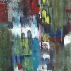 ציור אבסטרקט שמן על קנבס עם גווני טורקיז אדום וצהוב