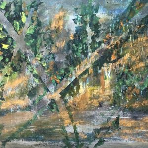 ציור אבסטרקטי באקריליק על קנבס המציג נוף יער בגווני ירוק, זהב וחום