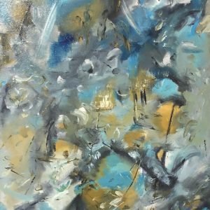 ציור אבסטרקט שמן על קנבס בגווני כחול, אפור וזהב