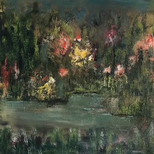 ציור שמן אבסטרקטי של נוף עם אגם מים שקטים ויער עבות בצבעי ירוק, אדום וצהוב