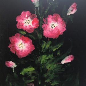 ציור אקריליק של פרחי קמיליה ורודים על רקע שחור