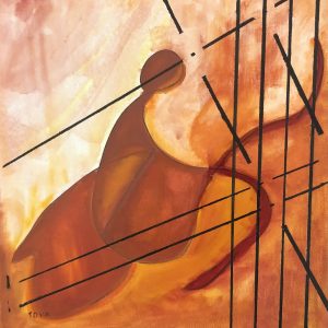 ציור אבסטרקט אקריליק על קנבס בגווני כתום ואדום עם קווים גיאומטריים שחורים