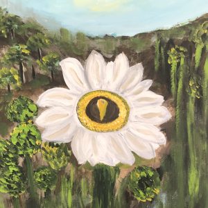 ציור אקריליק סוריאליסטי של פרח לבן וגדול על רקע נוף ירוק