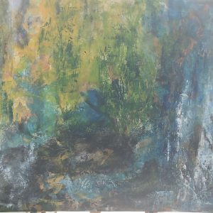 ציור אבסטרקט אקריליק על קנבס בגווני ירוק, כחול ואדמה בסגנון טבע מופשט