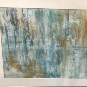 ציור אבסטרקט אקריליק בשם ניר המשלב גווני תכלת, לבן וזהב