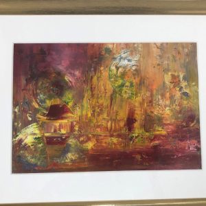 ציור שמן מופשט בגוונים חמים אדומים וכתומים עם צורות מעגליות, ממוסגר במסגרת זהב