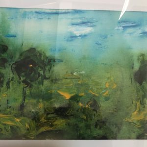 ציור אבסטרקט עץ אקריליק ניר המציג נוף עצים מופשט בגווני ירוק, צהוב ותכלת