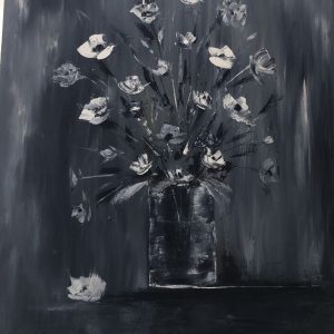 ציור שמן מקורי של זר פרחים בשחור לבן על קנבס