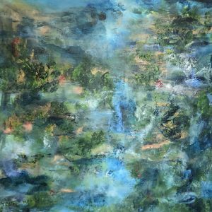 ציור אבסטרקט באקריליק על קנבס בגווני כחול וירוק המזכירים טבע ערפילי