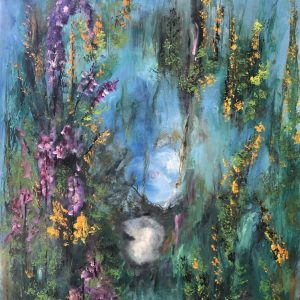 ציור אבסטרקט שמן על קנבס של יער קסום ופרחים בסגול וצהוב