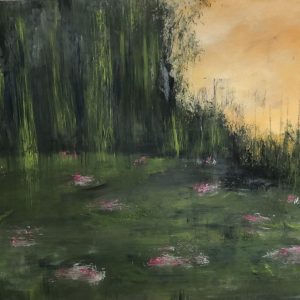 ציור אבסטרקט שמן על נייר של אגם נופרים ורודים ושמי שקיעה זהובים