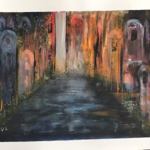 ציור שמן מופשט של סמטה עם פתחים מקומרים והשתקפויות באווירה מסתורית