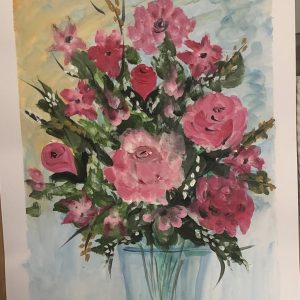 ציור שמן על נייר של זר פרחים ורודים באגרטל תכלת