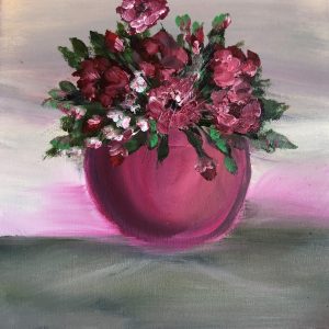 ציור שמן על קנבס של זר פרחים בגווני ורוד ובורדו באגרטל עגול