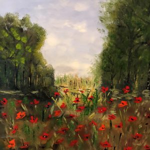 ציור שמן של שדה כלניות אדומות ונוף יער פסטורלי