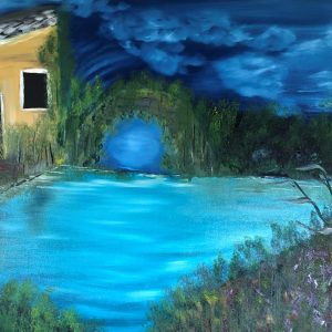 ציור שמן של בקתה על המים תחת שמי לילה דרמטיים עם גווני כחול עמוק