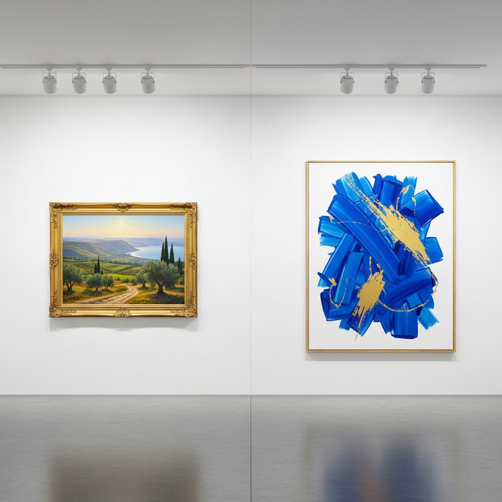 קיר גלריה המחולק לשניים. בצד שמאל תלוי ציור שמן היפר-ריאליסטי של נוף מהגליל. בצד ימין תלוי ציור מופשט גדול וצבעוני עם משיכות מכחול עזות בגווני כחול וזהב.