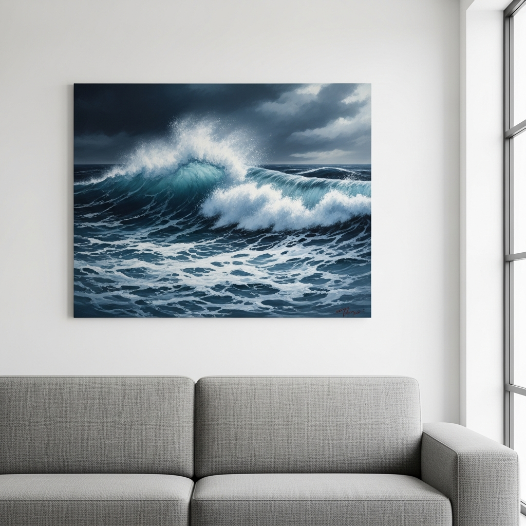 סלון שיקי ומודרני בעיצוב מינימליסטי, עם ספה אפורה חלקה שמעליה תלויה תמונת אבסטרקט-ריאליזם גדולה ואקספרסיבית של ים סוער, המשמשת כמוקד דרמטי בחלל.