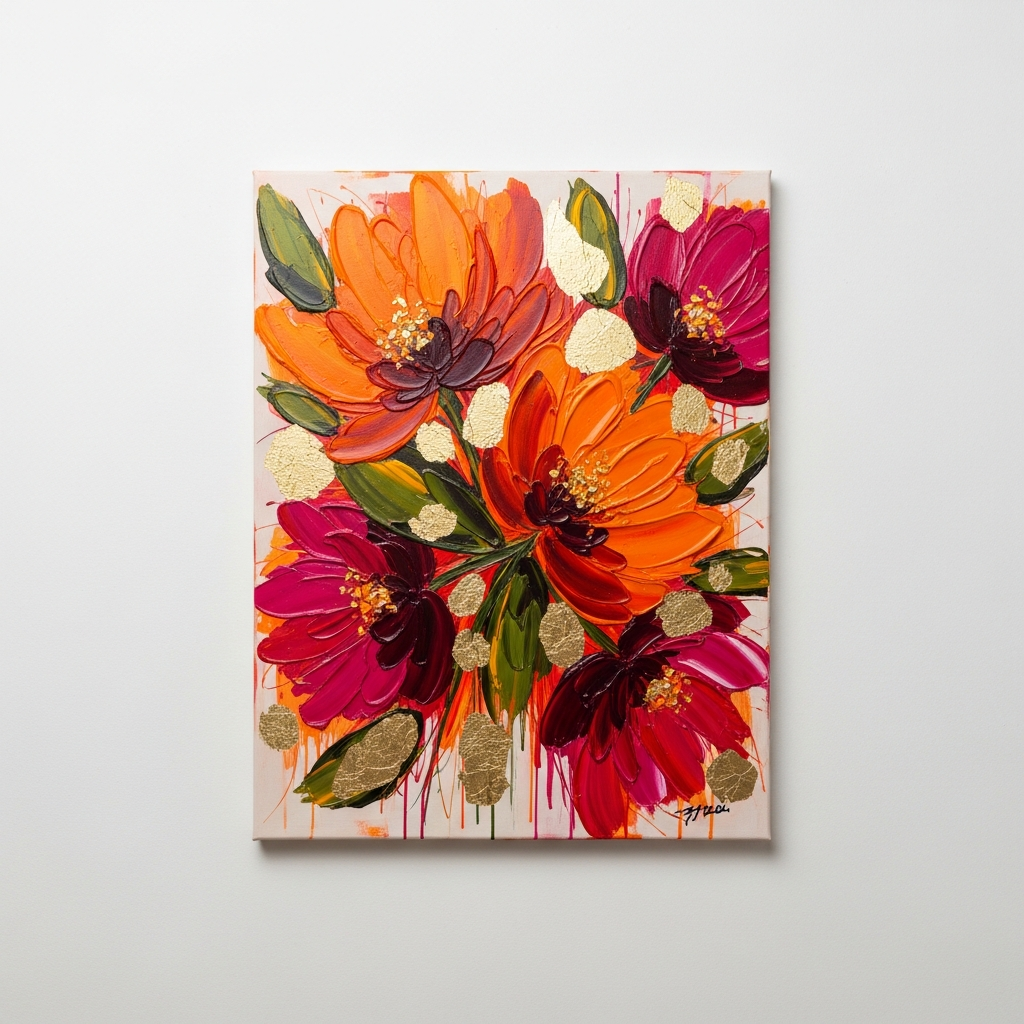 ציור מופשט אקספרסיבי עם מרקם עשיר, המתאר מוטיבים פרחוניים בגוונים חמים של כתום, אדום עמוק וזהב.