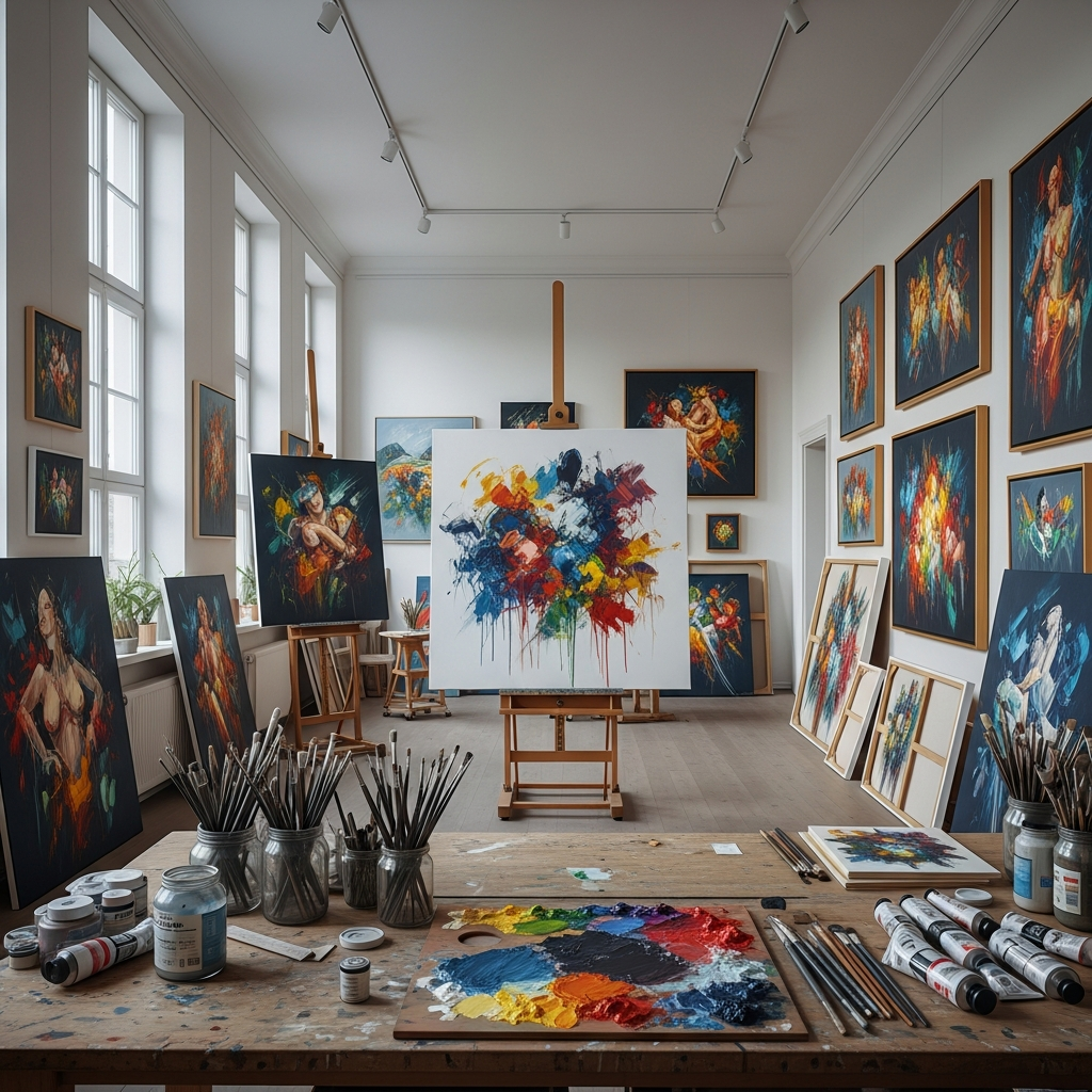 צילום רחב של הסטודיו המואר והמרווח של האמנית טובה הורוביץ בכרכור. בחלל ניתן לראות בדי ציור בשלבי עבודה שונים, ועל הקירות תלויים ציורים גמורים של נופים ודמויות אבסטרקטיות, המציגים את סגנונה האמנותי הרחב.