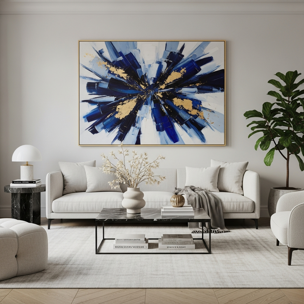 סלון מודרני מעוצב עם ספה ניטרלית, ומעליה תלוי ציור אבסטרקטי מקורי וגדול בגווני כחול עמוק וזהב.