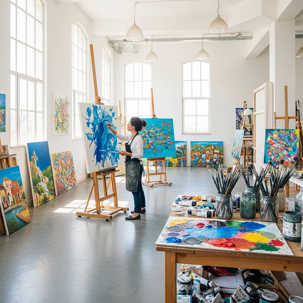 סטודיו מואר ומרווח של אמנית בכרכור, מלא באור טבעי. ניתן לראות קנבסים בגדלים שונים, חלקם על כני ציור וחלקם נשענים על הקירות, עם ציורים של נופים ישראליים ססגוניים ודפוסים מופשטים. במרכז, האמנית עובדת על יצירה חדשה.