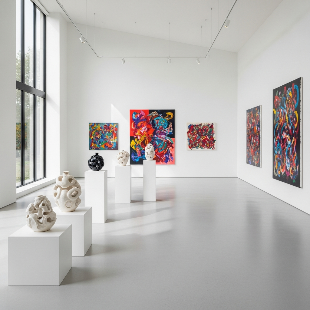 פנים גלריה לאמנות מוארת ואלגנטית. על הקירות הלבנים מוצגים ציורים מופשטים צבעוניים, ועל פדסטלים ניצבים פסלי קרמיקה עדינים. אור טבעי שוטף את החלל מחלון גדול.