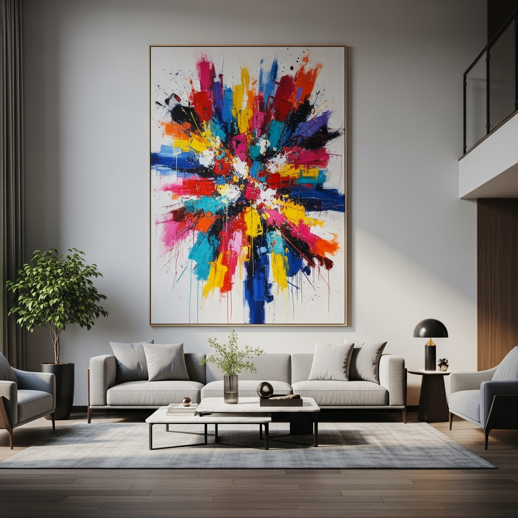סלון מודרני מרווח עם ספה מינימליסטית נוחה, ומעליה תלוי ציור מופשט צבעוני וגדול המשמש כנקודת מוקד בחדר.