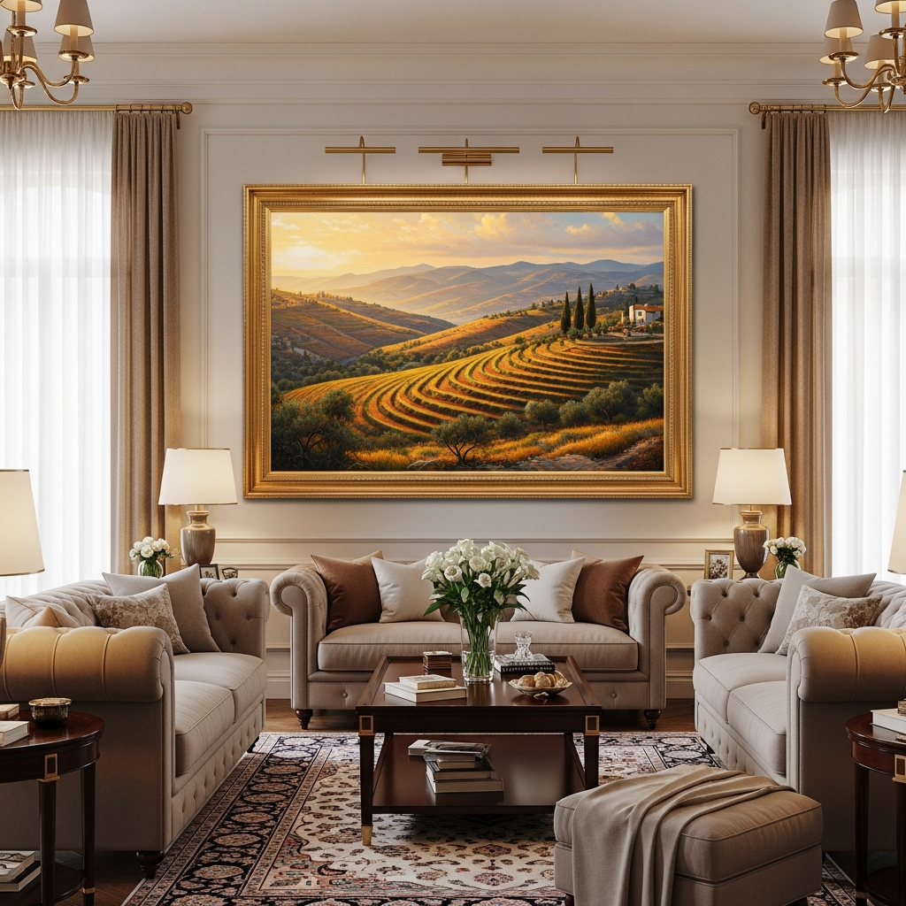 סלון קלאסי בעיצוב אלגנטי ומסורתי, ובמרכזו תלוי ציור שמן מרשים של נוף ארץ ישראל המשתלב בהרמוניה בחלל.