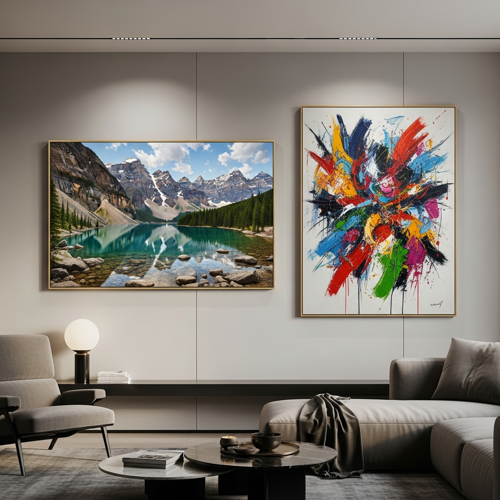 תצוגה מפוצלת של סלון מודרני, מציגה ציור נוף ריאליסטי התלוי בצד שמאל וציור אקספרסיוניסטי מופשט ותוסס בצד ימין.