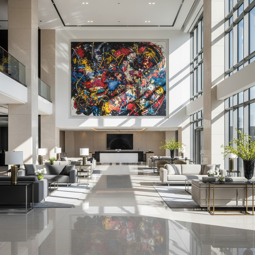 לובי משרדים מרווח ומואר היטב, הכולל ריהוט מודרני וציור אבסטרקט גדול ודרמטי המשמש כמוקד מרכזי על הקיר.