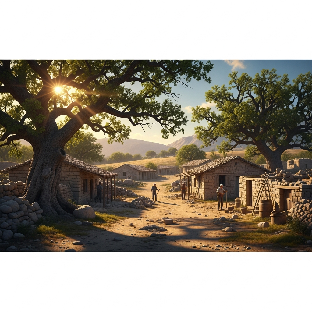 ציור נוף היסטורי בסגנון וינטג' של יישוב יהודי כפרי בארץ ישראל בתחילת המאה ה-20, מציג עצי אלון התבור וחלוצים המקימים בתי אבן מסורתיים.