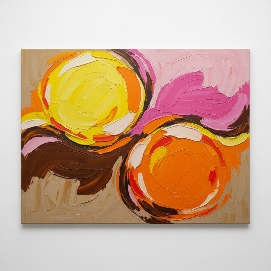 ציור אבסטרקט ישראלי עכשווי המציג צבעי הדרים חמים של כתום וצהוב המשתלבים ומתמזגים עם גווני חום של עץ אלון טבעי.