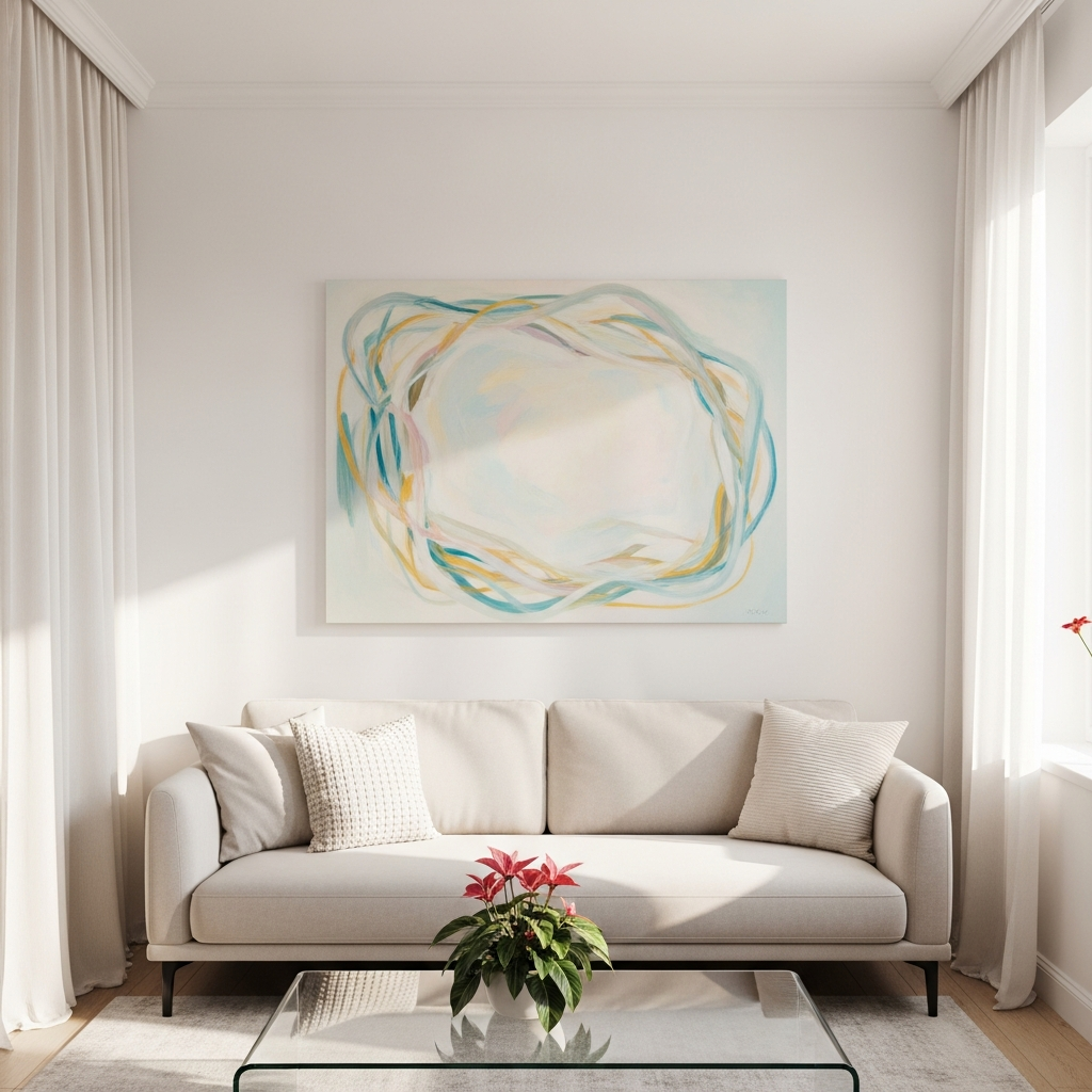 סלון קטן, מואר ומאוורר עם ציור מופשט מקורי ובהיר על הקיר, המאופיין בקומפוזיציה פתוחה ותנועה עדינה התורמת לתחושת המרחב בחדר.