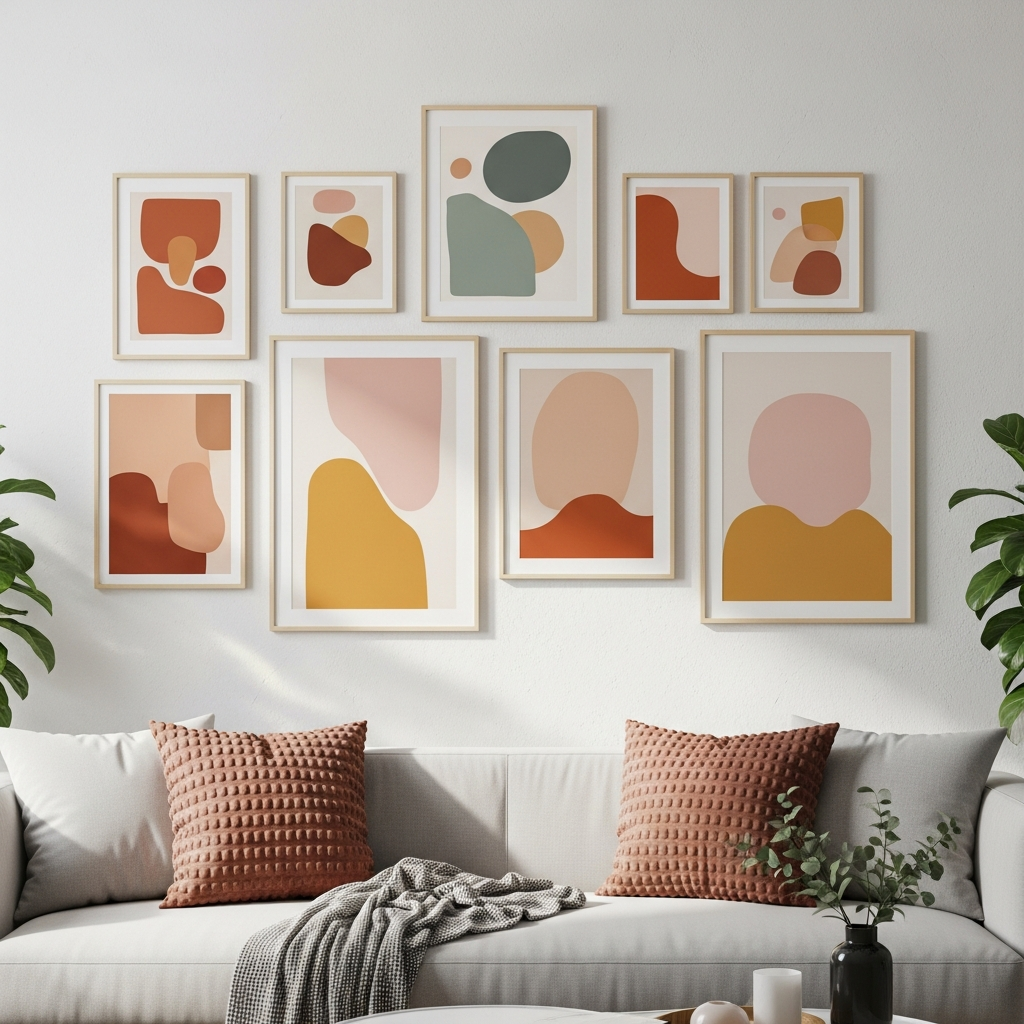 קיר גלריה מעוצב בסלון המציג מגוון יצירות אמנות מקוריות במסגרות בגדלים וכיוונים שונים, המשתלבות יחד בהרמוניה של צבעי פסטל וגווני אדמה.